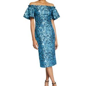 Theia Metallic Tissue Faille Off-Shoulder Flare-Sleeve Cocktail Dress in size 4